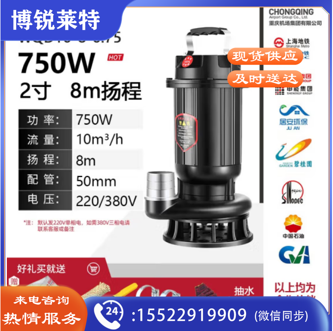污水泵抽粪泥浆排污抽水泵化粪池 排水泵小型潜水泵220v 750W2寸污水泵+5米水带