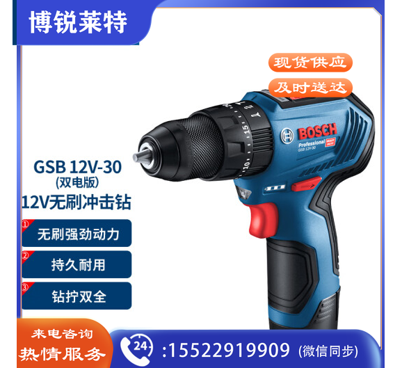 博世(BOSCH)GSB 12V-30 12V锂电充电式无刷马达冲击钻 双电版  TJHX0324141342461